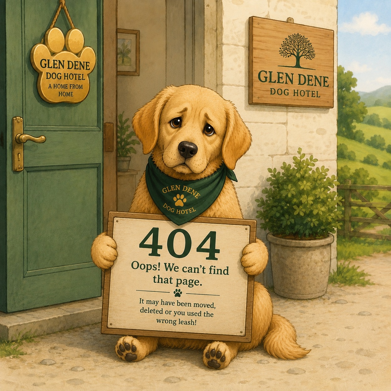 Sad dog holding a 404 error sign